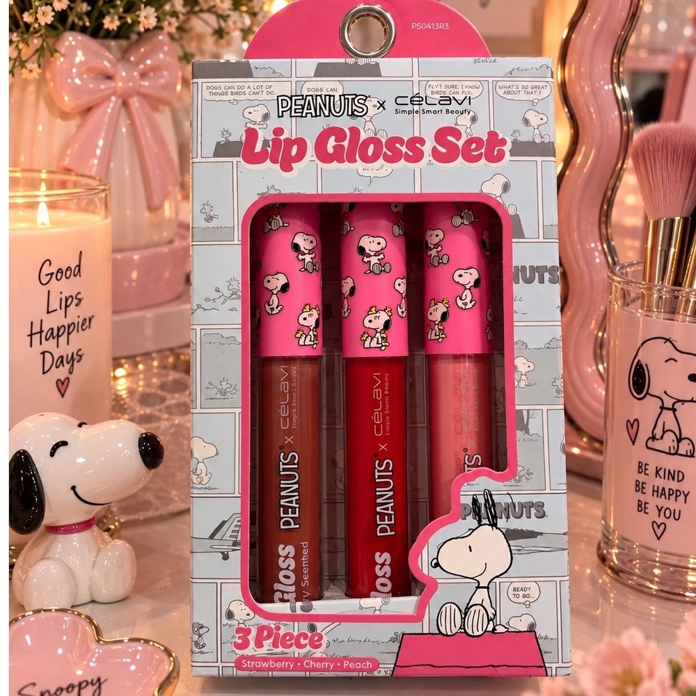 Peanuts x Celavi Lip Gloss Set 3 Piece Strawberry Cherry Peach Snoopy